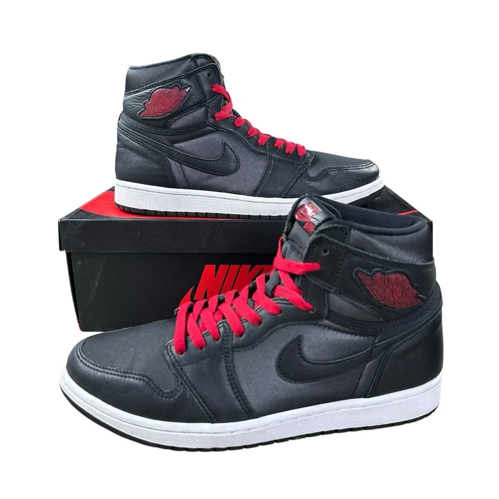 Men's Size 10 Nike Air Jordan‎ 1 Retro High Black Satin Red Shoes 555088-060